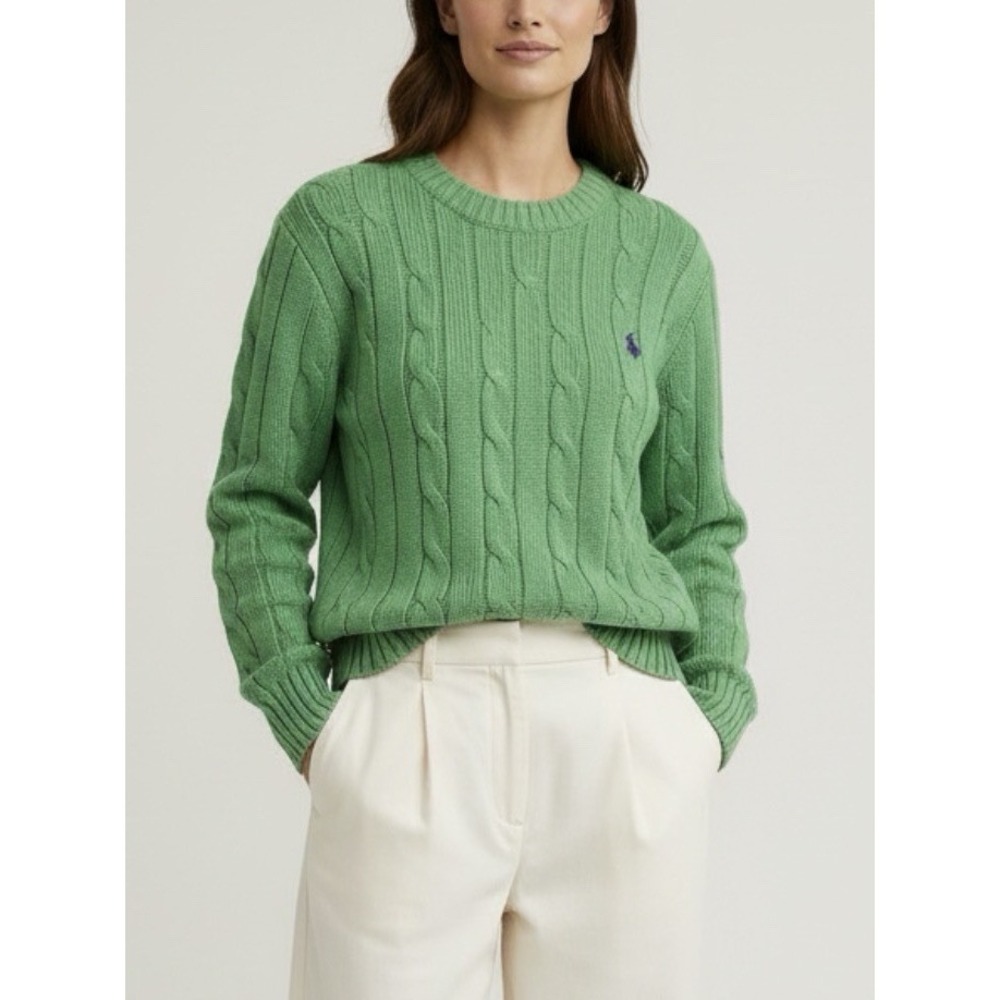 Polo Ralph Lauren Green Cable Knit Sweater L Cotton Preppy Old Money